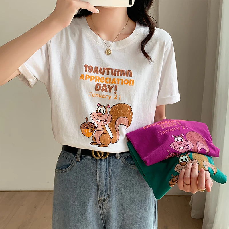 

2022 Cotton Letters Printed T-Shirts For Women Casual Loose Cartoon T shirts Fashion Y2K Clothes Female Harajuku Top Tees H038