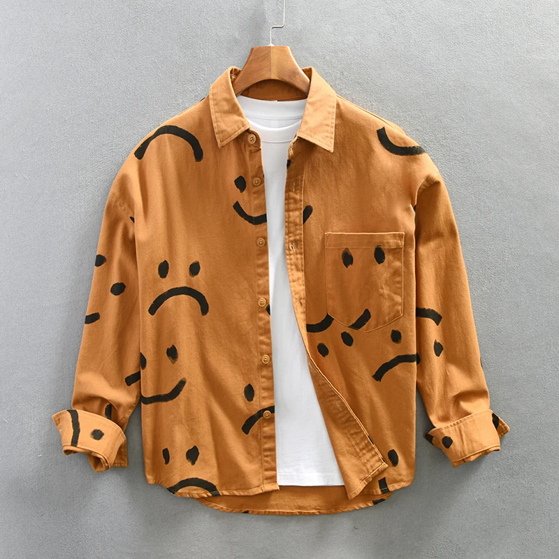 

Smiley Print Shirts for Men Long Sleeve Casual Turn-down Collar Shirt 2023 New Pure Cotton Dress Shirt 40 Sticks