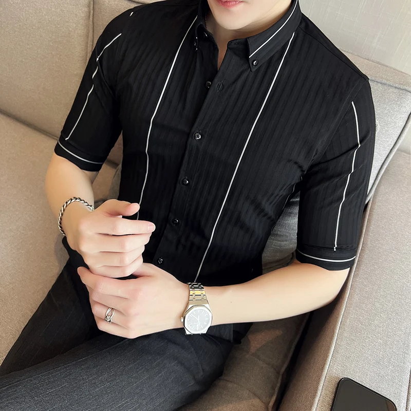 

2022 Summer Half Sleeve Shirts for Men Striped Business Formal Dress Shirts Slim Fit Social Party Tuxedo Blouse Men Clothing
