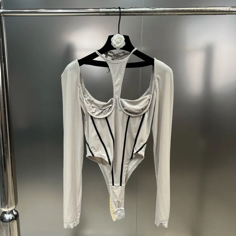 BORVEMAYS 2023 Spring Summer New Fashion Trend Jumpsuits Women Hanging Neck Contrasting Colors Long Sleeve Slim Sexy Pants