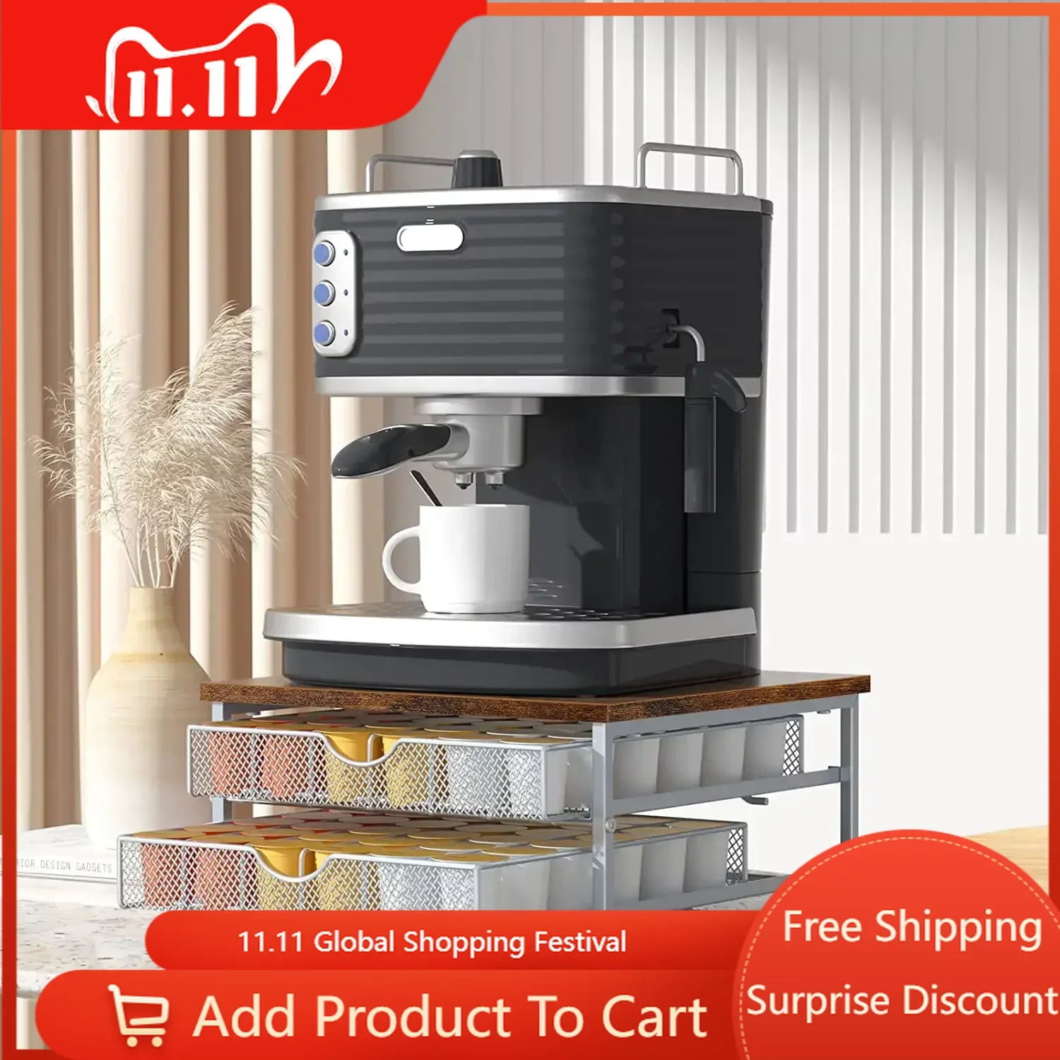 

Free Shipping 2-Tier K Cup Storage Organizer Coffee 72 Pods Drawer w/ Sliding Baskets, Silver