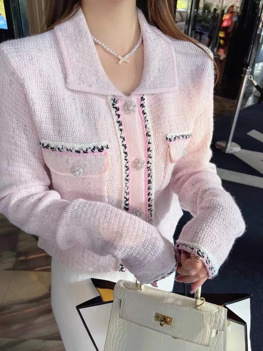 

Women 2022 Autumn Winter New Stripe Bead Button Pocket Knitted Coat Half Skirt Two Piece Set