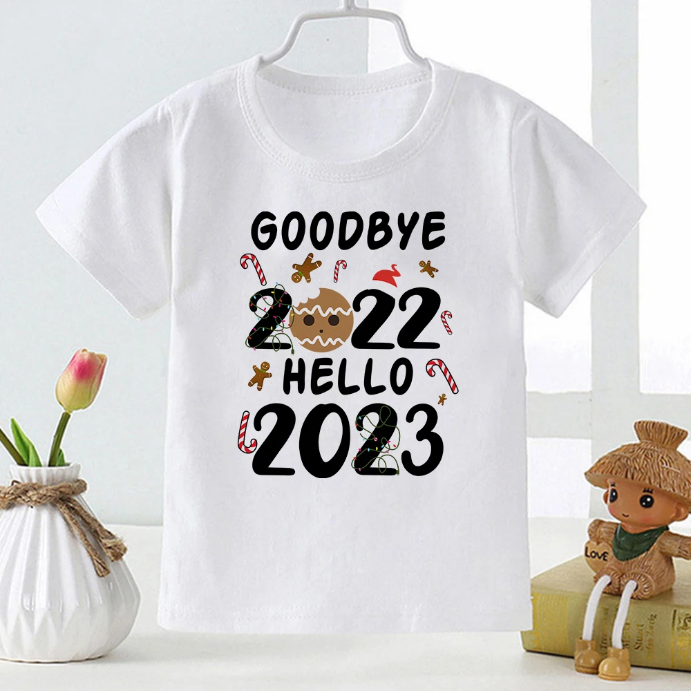 New Good Bye 2022 Hello 2023 Childern's T-shirt Christmas Print Aesthetic Fashion Toddler Girl Boy Clothes White Shirt Kids Tops