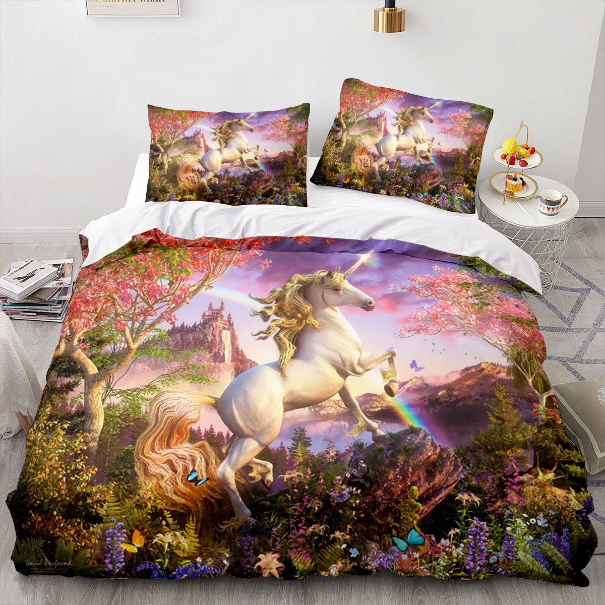 

Cartoon Rainbow Colorful Unicorn Cute Bedding Set Unicorn Duvet Cover Romantic Theme for Kids Girls Polyester Comforter Cover