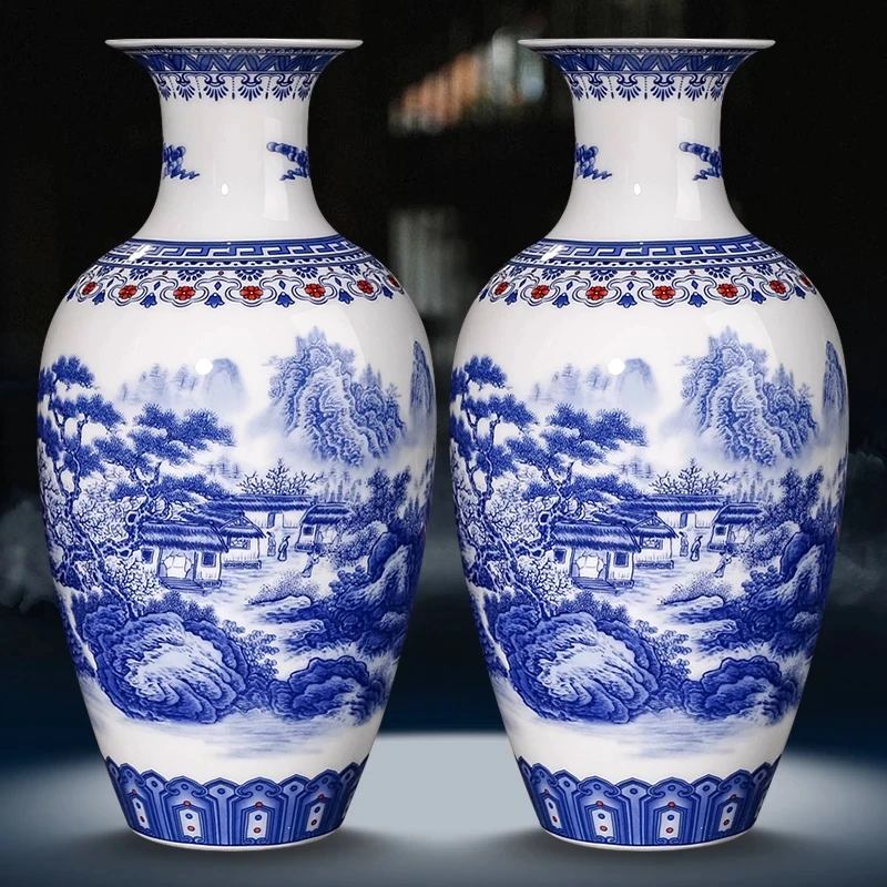

Керамика Цзиндэчжэнь, сине-белый Ландшафтный узор с вазой, китайские украшения для гостиной, винный шкаф, антикварная ваза в виде яиц