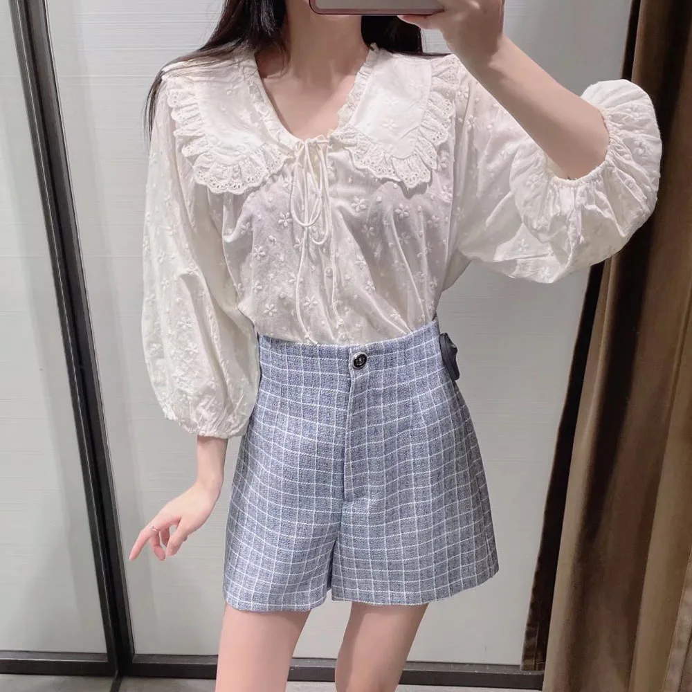 

DiYiG WOMAN 2022 Spring Fashion Plaid Texture Casual Shorts Retro Slim High Waist A-Line Zipper Ladies Chic Pants Mujer