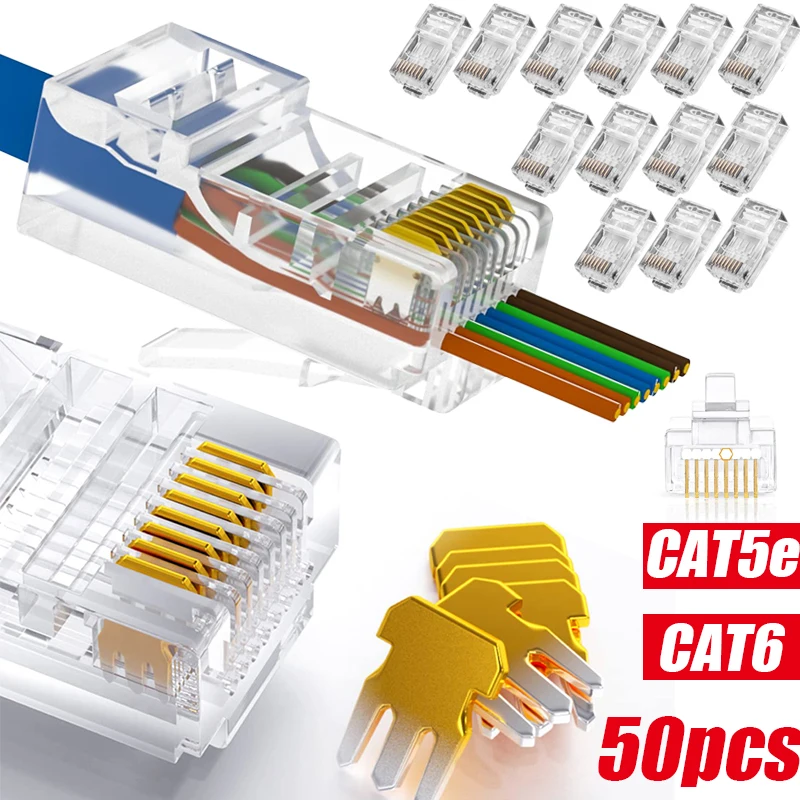 

RJ45 Cat5e Cat6 Pass Through Connectors Crimp Modular Plug for Solid Wire Standard UTP Network Cables Ethernet Connector End