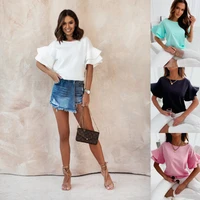 women t shirt top summer fashion solid color loose and simple t shirt womens casual o neck short flare sleeve pullover t shirt