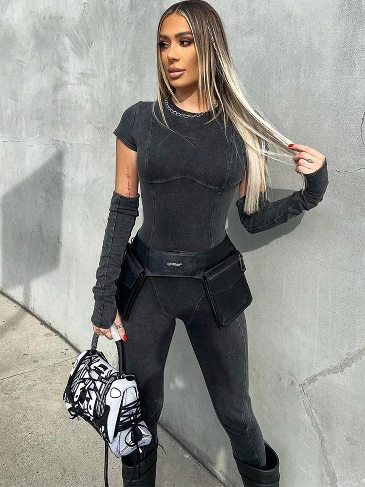 Sibybo 2023 Slim Fit Denim Jumpsuits For Women Sport Short Sleeve Solid Playsuit Street Casual Mono Fiesta Para Mujer Elegante