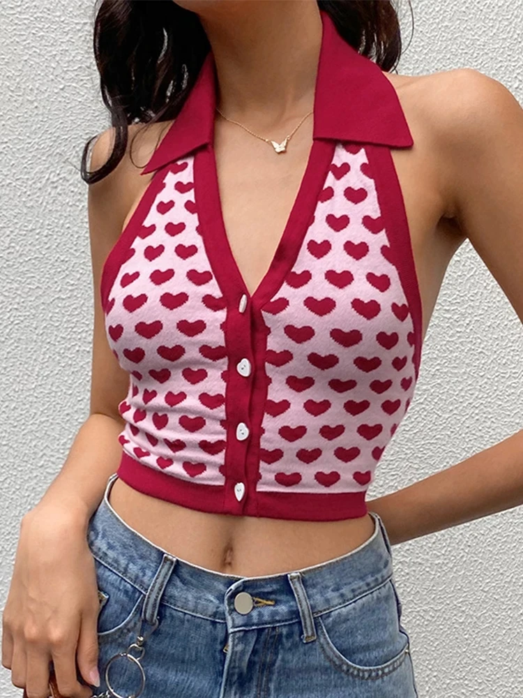 Женский укороченный топ без рукавов SVOKOR однобортный Топ-поло с принтом сердца и