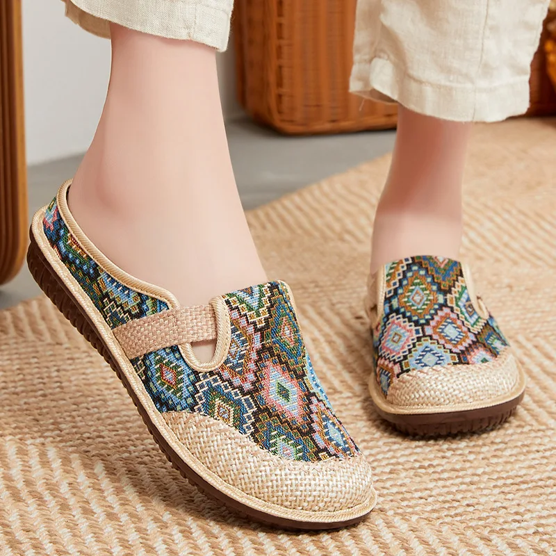 

National Comfortable Flax Slip-on Flats For Women Loafers Mesh Shoes Casual Breathable Summer