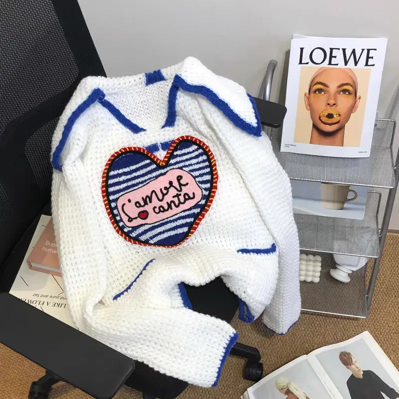 

2022 Autumn New Design Women Sweater Fashion Heart Pattern Sailor Collar Sweetly Knitted Pullovers Trend Daily Long Sleeve Tops