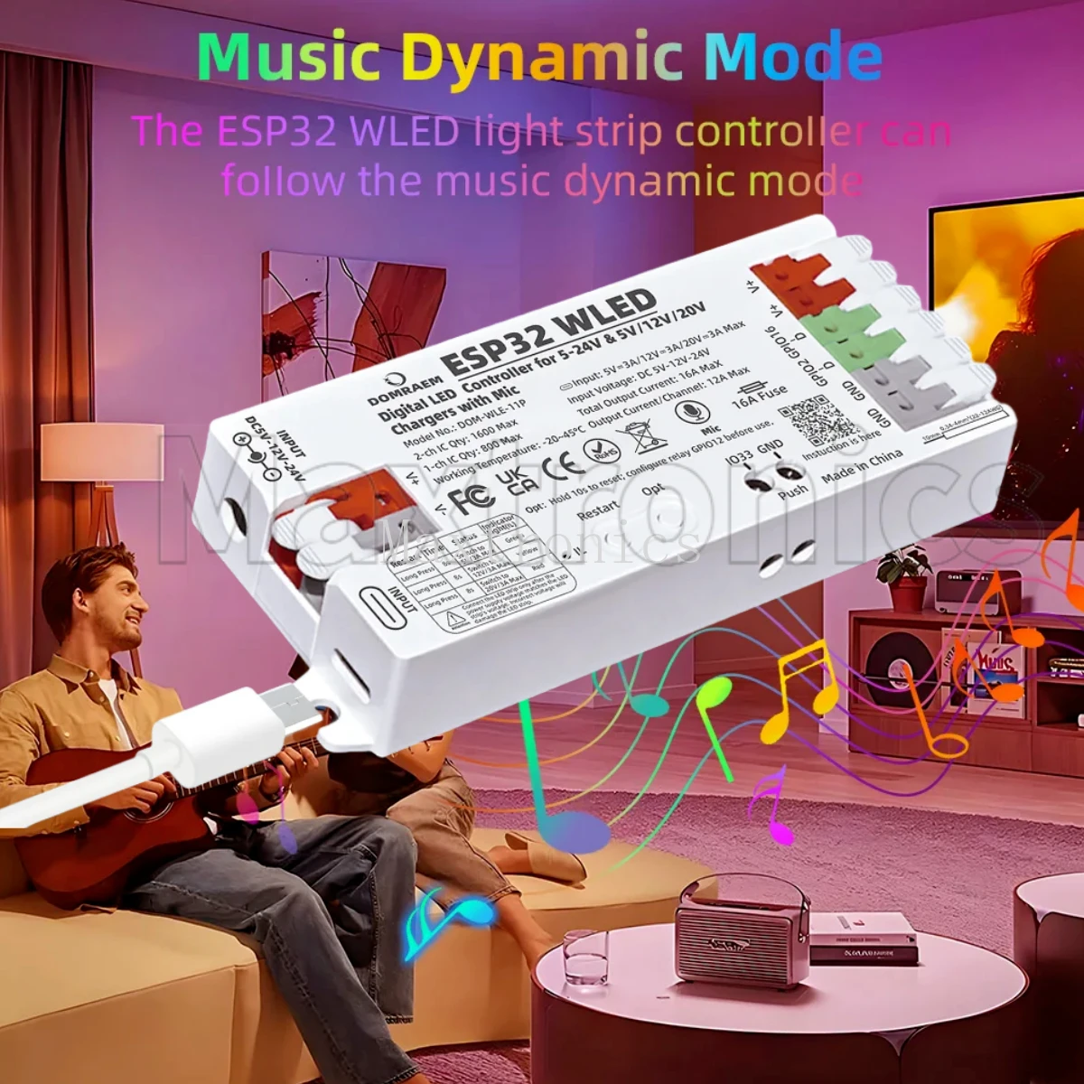 Фото Контроллер DOMRAEM ESP32 WLED 2025 с микрофоном WS2811 WS2812B WS2805 SK6812 APA102 PD Быстрая настройка питания Двойной вход постоянного тока 5–24 В Предохранитель 16 А №1