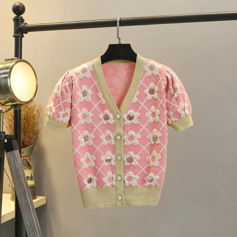 

Женская Повседневная трикотажная куртка, пальто 2022, модные милые вязаные кардиганы с V-образным вырезом и жемчужинами, Женский Топ