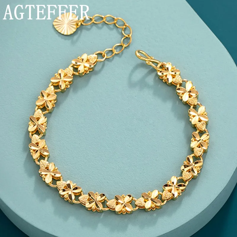 

AGTEFFER 925 Sterling Silver Fashion Lucky 24K Gold 6mm Four-Leaf Clover Gold bracelet, Suitable For Women's Jewelry Gifts