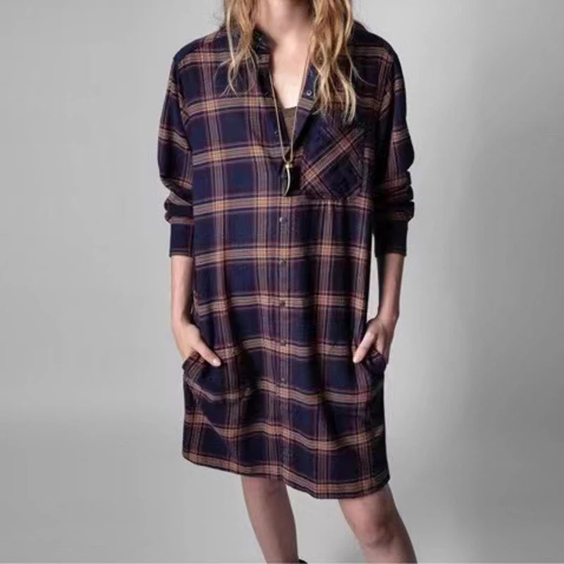

Women Straight Shirt Dress Plaid Long Sleeve Single Breasted Casual with Pocket 2022 Spring Female Stand Collar Robe