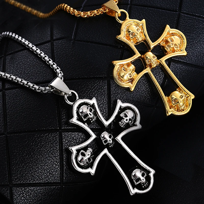 

NUOBING Fashion Hip Hop Skull Cross Silver Gold Metal Necklace Vintage Punk Women Men Party Pendants Jewelry Rock Cool Bar