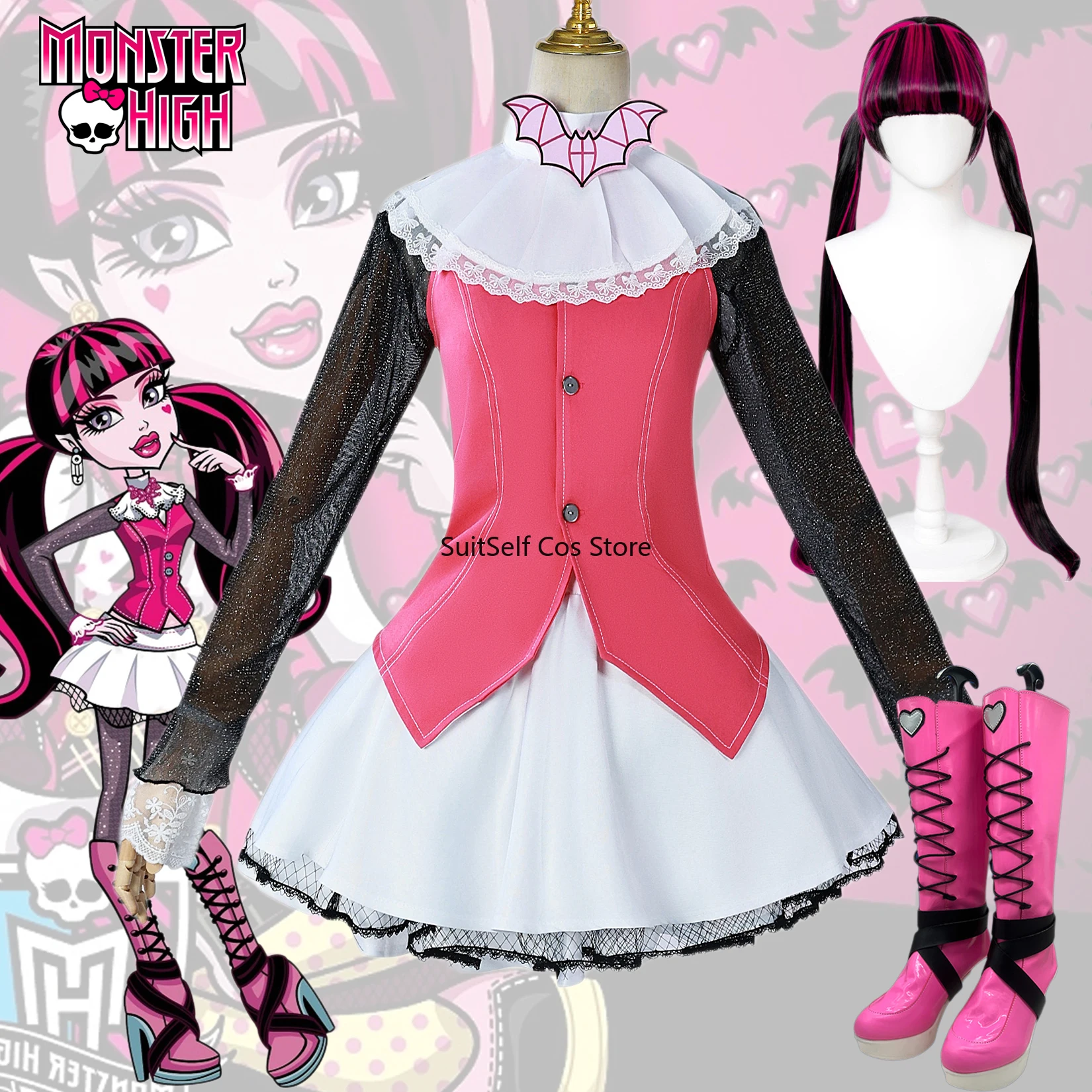 Draculaura Cosplay Costume Anime Monster Wig High Uniform Women Shoes Boot Outfits Halloween Carnival Suit