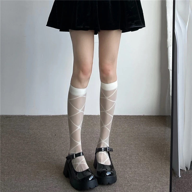 

1Pair Summer Thin Nylon Long Socks Stockings College Style JK Lolita Girls Polka Dot Diamond Plaid Lower Knee Socks Stockings