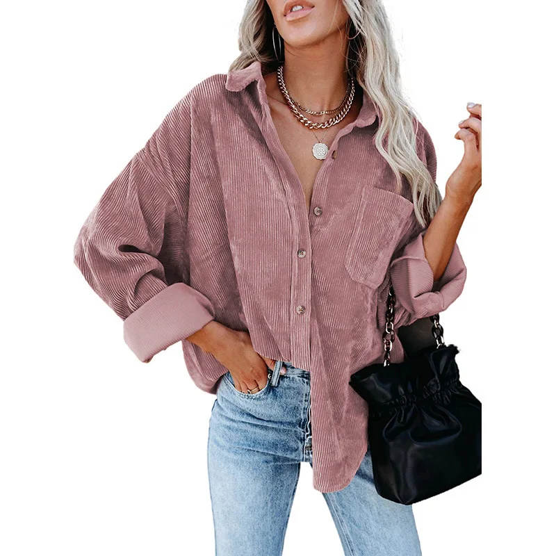 VOLALO 2024 Autumn Corduroy Jacket Women Overshirt Shirt Jackets for Button Leopard Coat Female