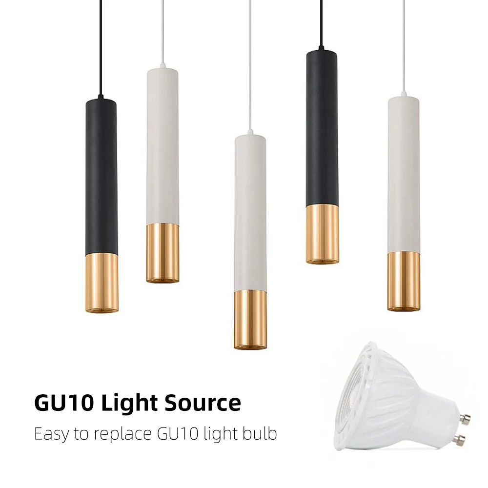 

Long Tube Brushed Finish with Round Chassis GU10 LED Pendant Lamp Indoor Kitchen Island Bar Black White Gold Hanging Light