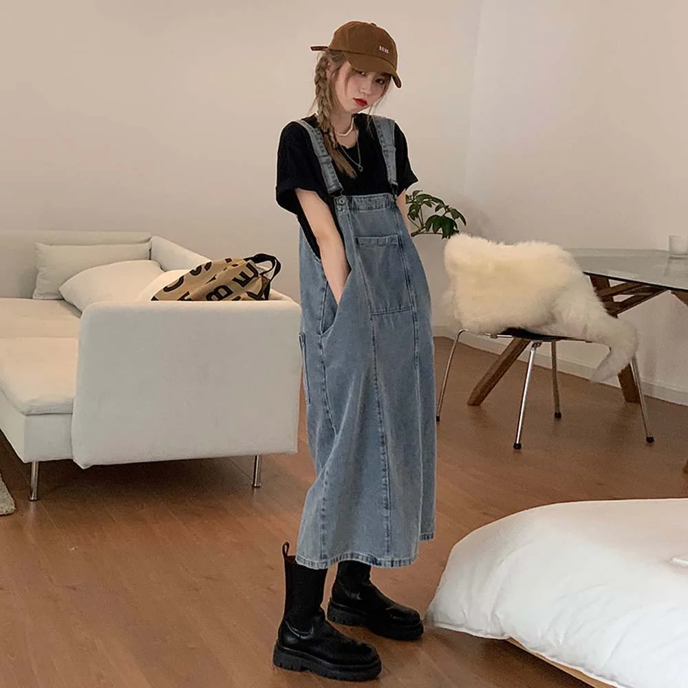 

Women's Summer Dresses Denim Suspender Loose Age-reducing Long Skirt Students College Style Casual Popular Long Dresses Girls