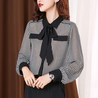 new frenulum bow tie houndstooth office lady career shirt chiffon summer women oversized loose l 6xl all match fashion blouse
