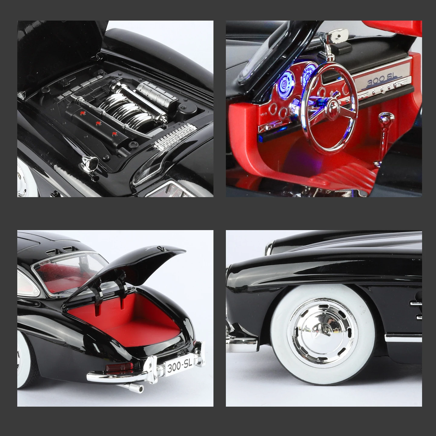 Фото НОВЫЙ 1:18 Benzs 300SL модель автомобиля из сплава, звук и свет, детская игрушка, коллекционные предметы, подарок на день рождения №5
