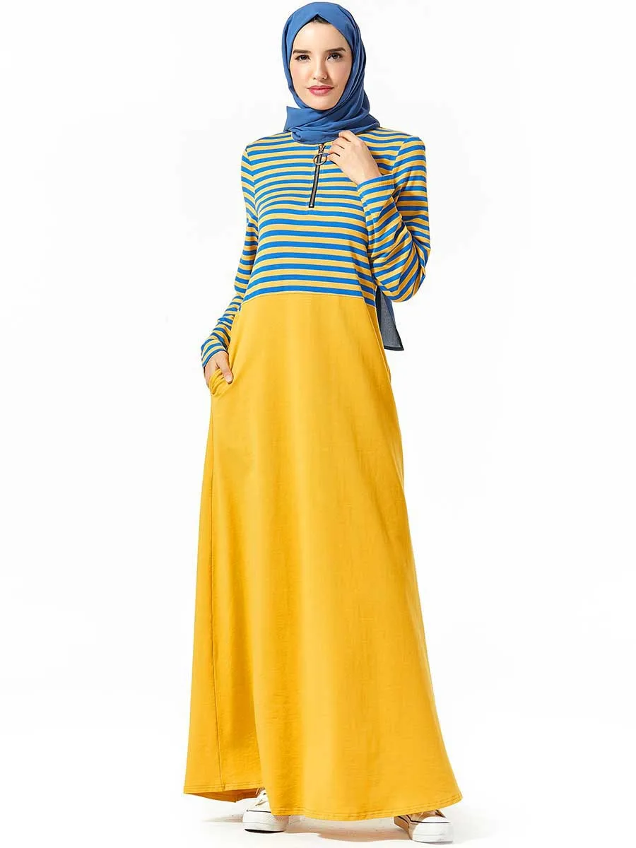 

Spring Autumn Stripe Cotton Dress Students Sport Long Dress Patchwork Zipper Pockets Dress Muslim Abayas for Women