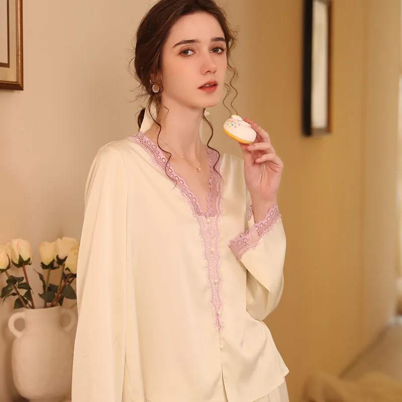 SXTHAENOO French New Long-Sleeved Sleepwear Suit Thin Loose Fashion Ice Silk 2-Pices Pijama Mujer пижама женская مجموعات بانت