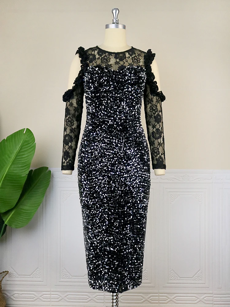 Black Sequins Dresses Plus Size Cold Shoulder O Neck Lace Patchwork Long Sleeve Sequined High Waist Party Glitter Outfits 4XL