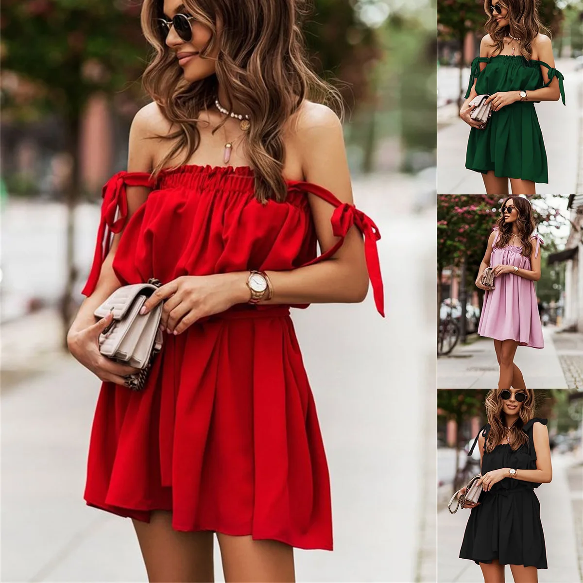 

New Women Solid Color Summer Dress Various Ruffles Suspenders Dress For Girls Fashion High Street Dress 4 Colors Drop Shipping