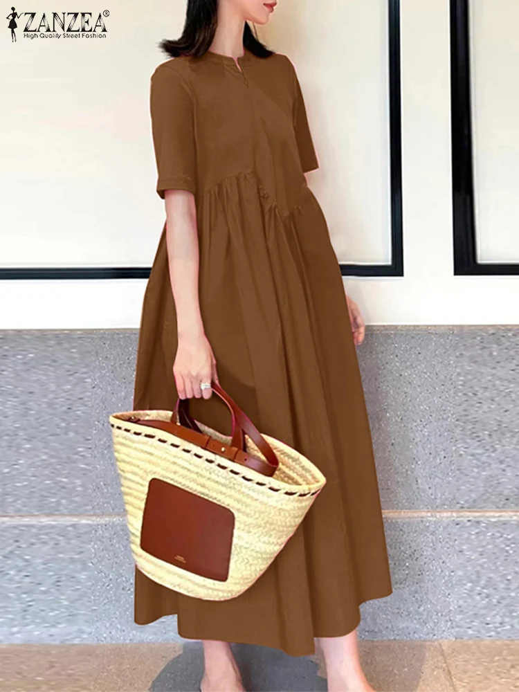 

Летнее модное платье ZANZEA, свободное асимметричное строченное платье, женское Повседневное платье макси, однотонное праздничное платье с кр...