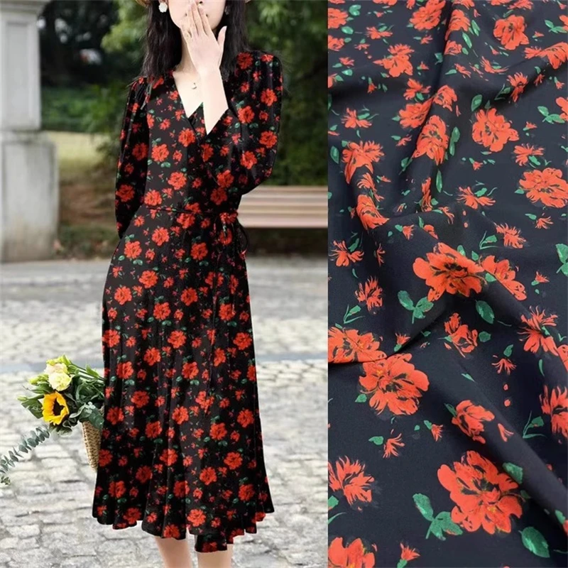 

Classic Fashion Popular Black Background Red Floral Elastic Crepe De Chine Silk Fabric Luxurious Dress Shirt Cloth Sewing Fabric