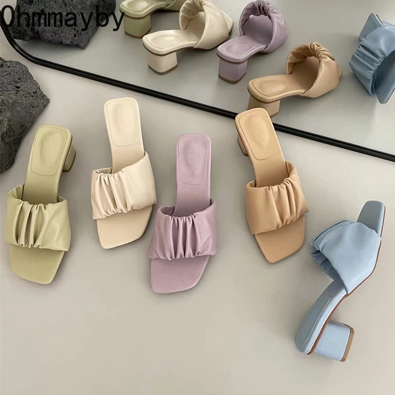 

Женские Плиссированные шлепанцы, туфли с открытым носком на толстом каблуке, сланцы для вечерние, лето 2022