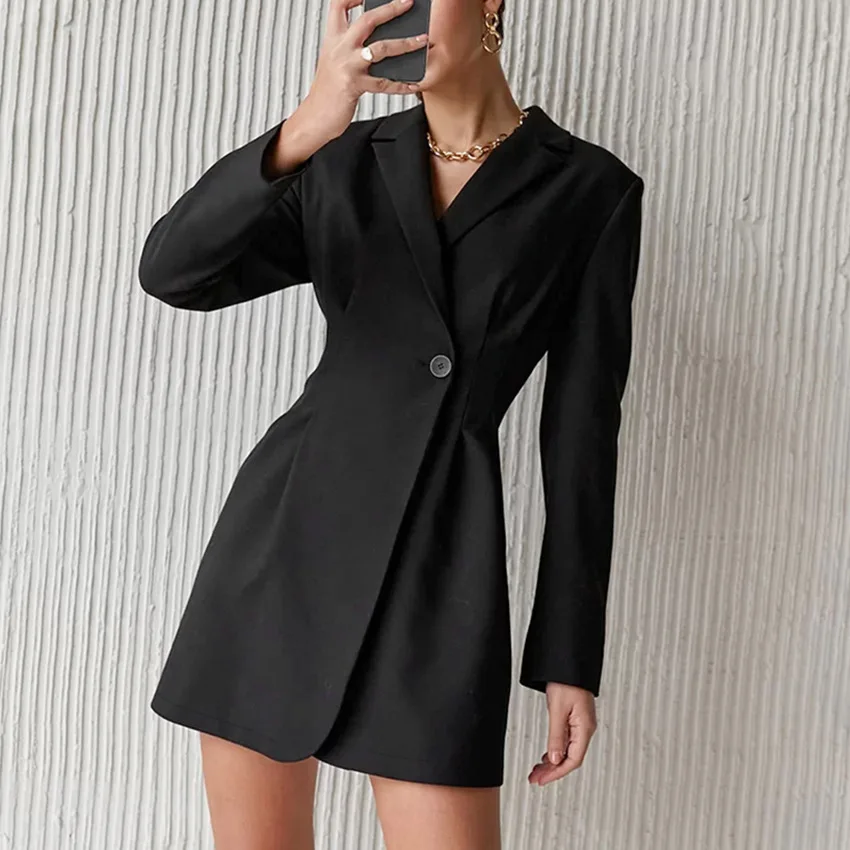 

2023 New Spring Autumn Elegant Women Blazer Dress Notched Long Sleeves Black Solid Dress Office Lady Single Buckle Short Dress
