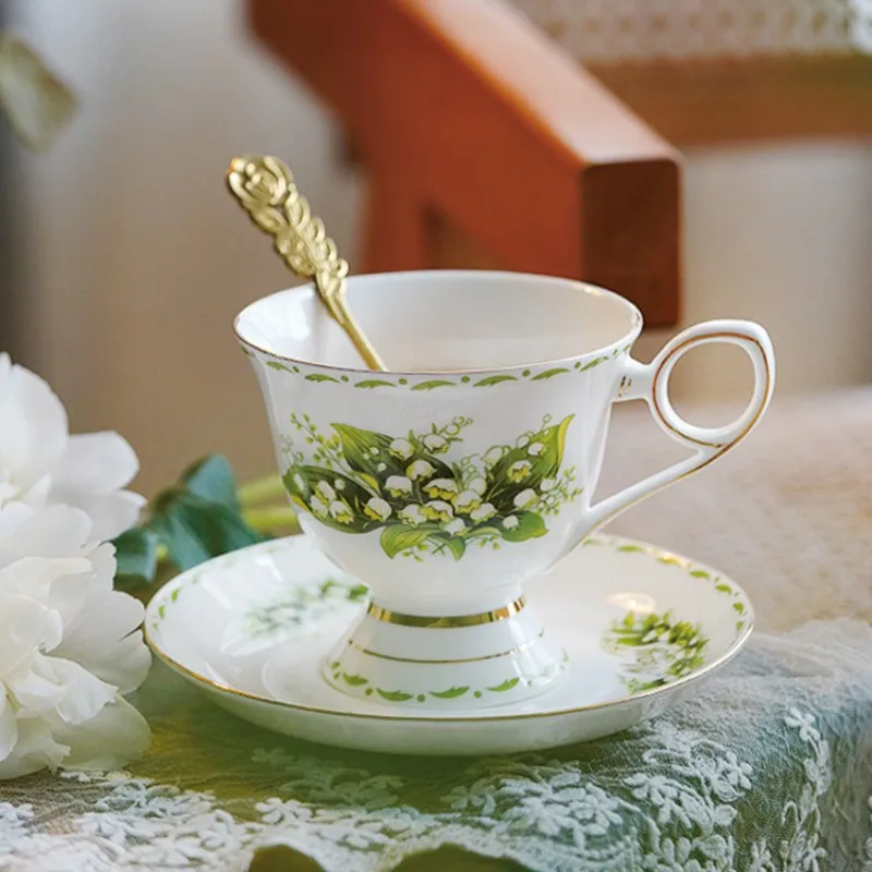 

Bone China Tea Cup and Saucer Set, May Lily of The Valley Teaware, Black Tea Mug, Coffeecup Set