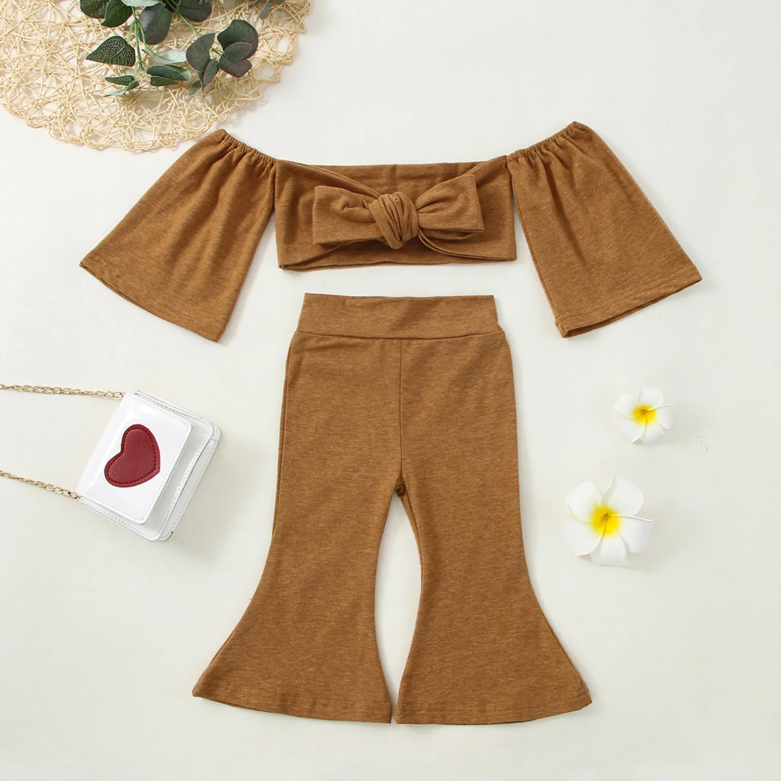 

Toddler Infant Baby Girls Set Fashion New Bowknot Solid Color Flared Sleeve Top Flare Pants Summer Children Casual Suits