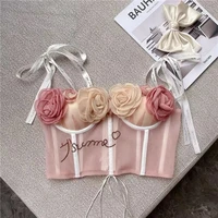 sexy corset sweet flower accessories stitching vest ladies slim fit colorblock straps slings sleeveless cropped top women