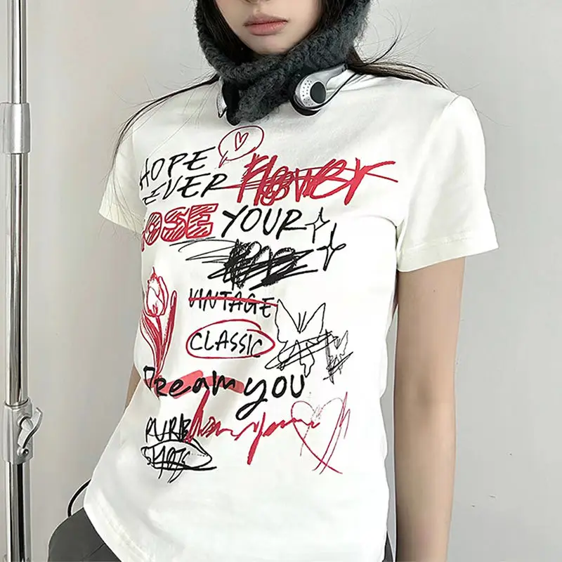 

Y2k Aesthetic Casual T-shirt Loose Letter Print O Neck Short Sleeve Streetwear Top Women Slim All Match New Summer Harajuku Tees