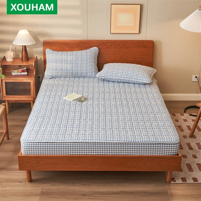 

XOUHAM 100% Cotton Quilted Fitted Sheet Blue Plaid Fitted Cover Non Fading Bedding 3 PCS (1 Fitted Sheet + 2 Pillowcase) Only