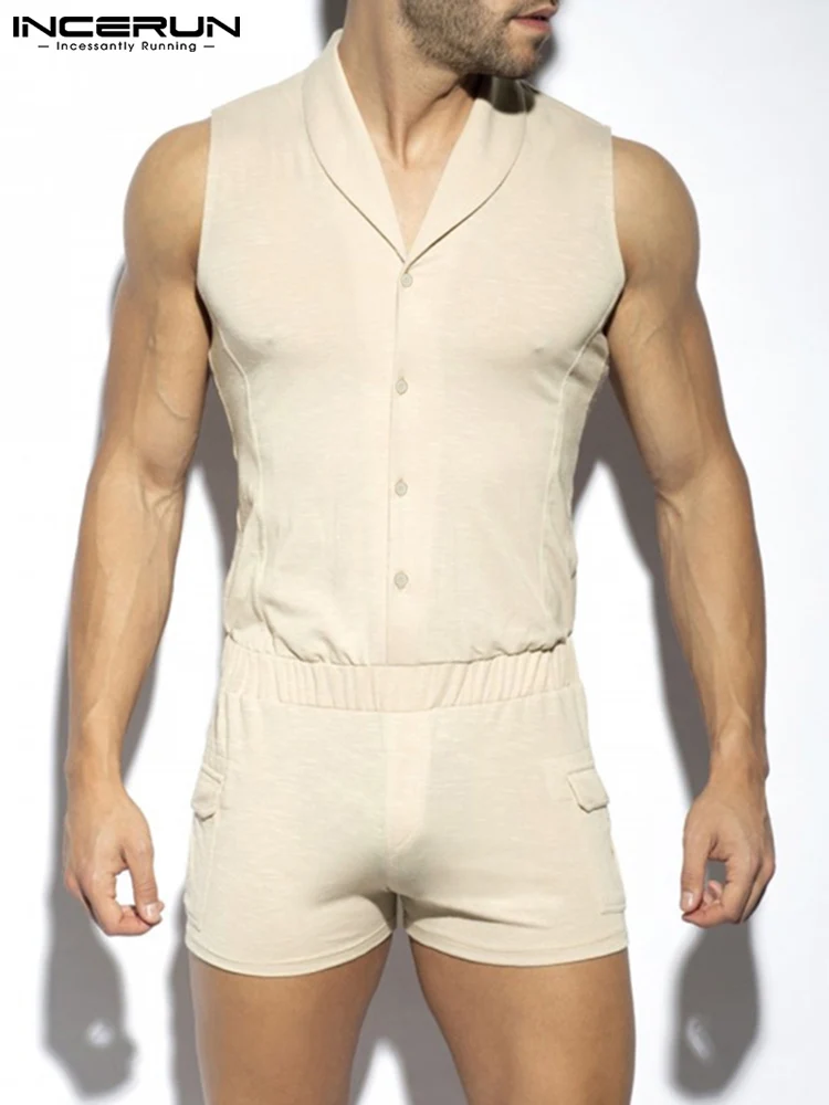 

INCERUN Solid Color Men Pajamas Rompers Lapel Sleeveless Button Homewear Cozy Playsuits Men 2022 Casual Sleepwear Jumpsuit S-5XL