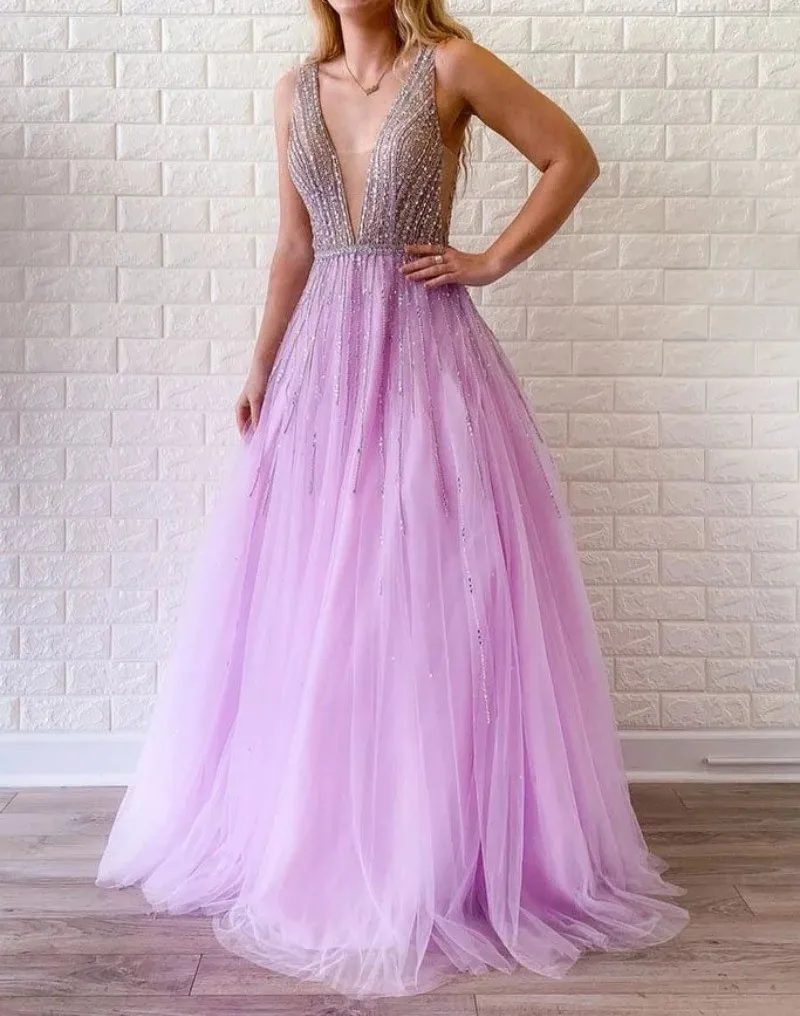 

Ashely Alsa Lavender Formal Evening Dresses V Neck Sleeveless Beading Sexy Backless Women Special Occasion Dress Party Prom Gown