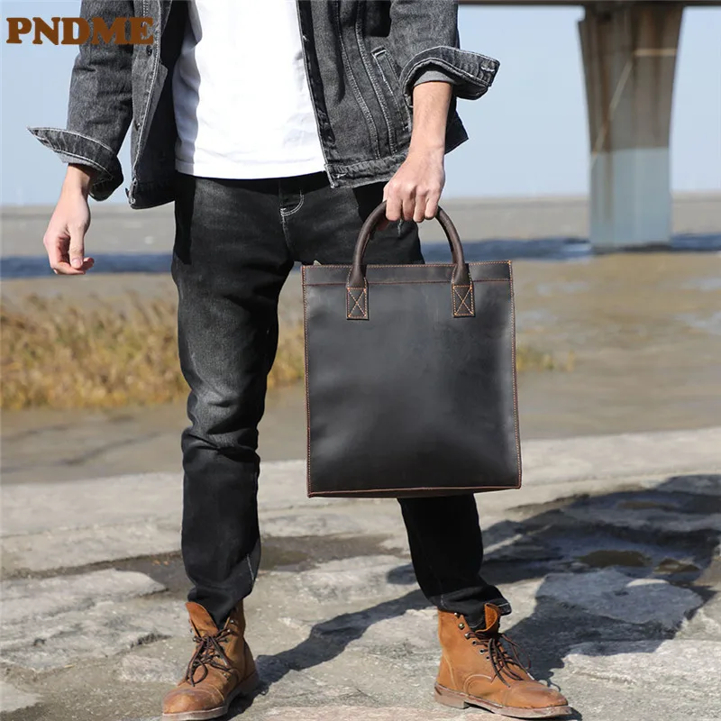 PNDME vintage crazy horse cowhide men's briefcase business simple natural genuine leather office A4 file bag handbag satchel