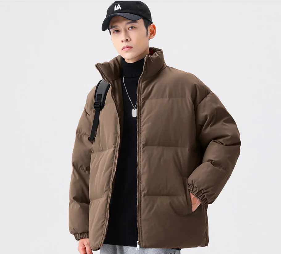 Men's thick cotton-padded jacket men's trendy ins stand-up collar bread jacket solid color cotton-padded jacket
