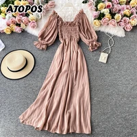 atopos women summer sweet dress off shoulder high waist midi beach dresses folds a line ladies vestidos female clothing 2022