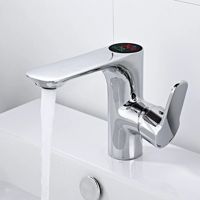 

Bathroom Faucet Temperature Sensitive Sink Taps Deck Mount Hot Cold Mixer Temperature Intelligent Digital Display Water Tap