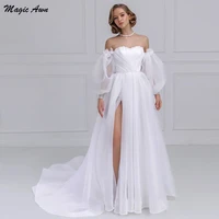 magic awn white off the shoulder wedding dresses puffy sleeves 3d flowers appliques beaded thigh split organza mariage gowns