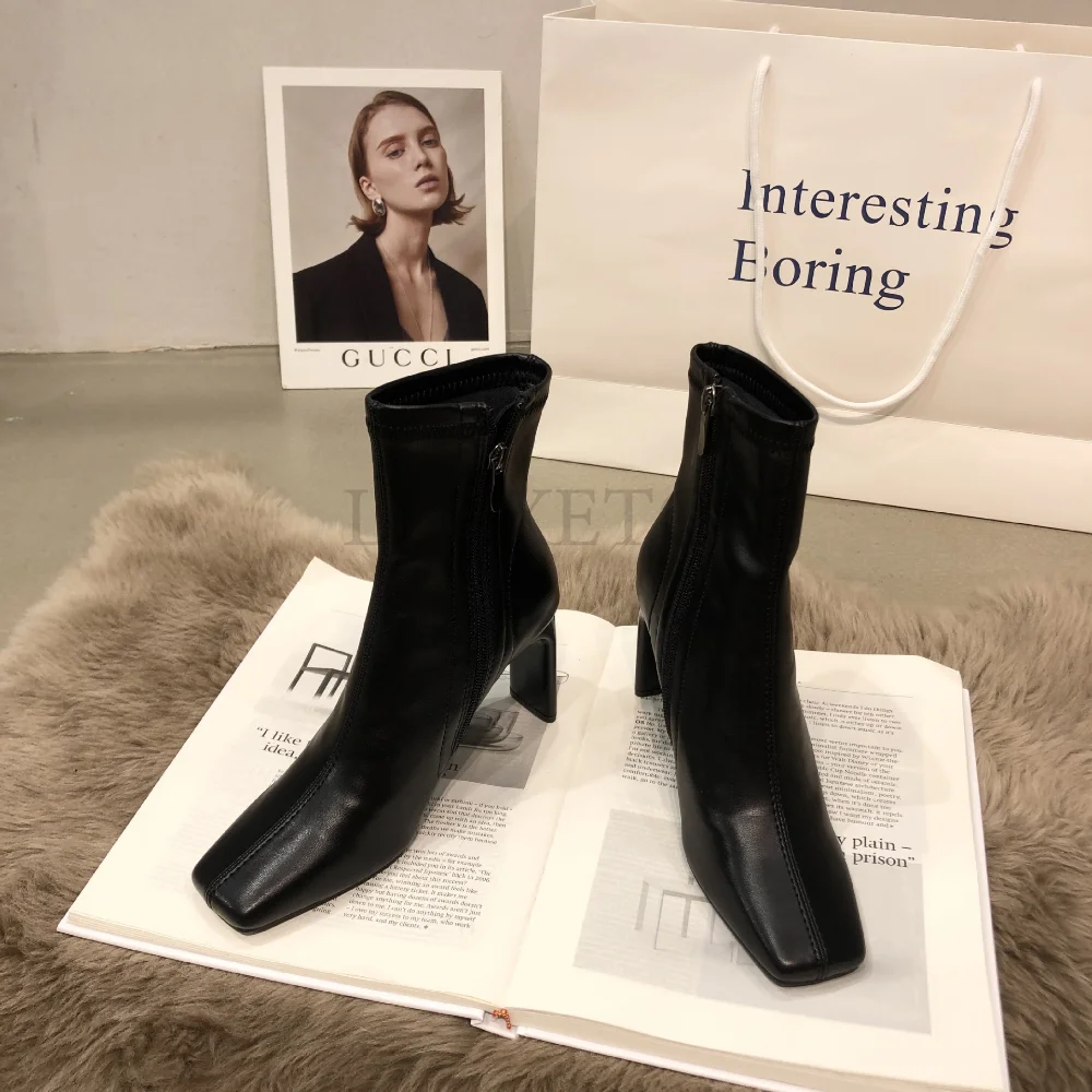 

New Soft Peather Leather Women Ankle Boots Fashion Ladies Square High Heel Zipper Chelsea Short Boots Dress Pumps