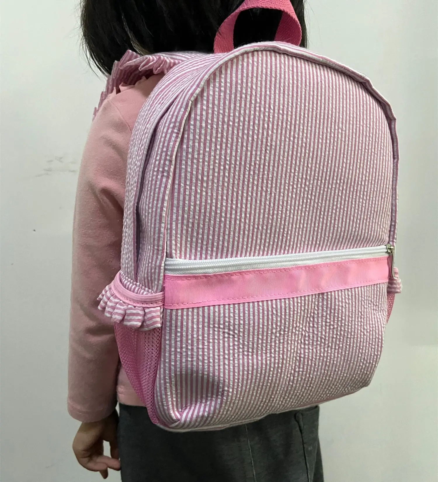 Purple Set School Bag Ruffle Seersucker Backpacks With Seersucker Cosmetic Bag Ruched Kids Backpack Light Soft For Travel Set